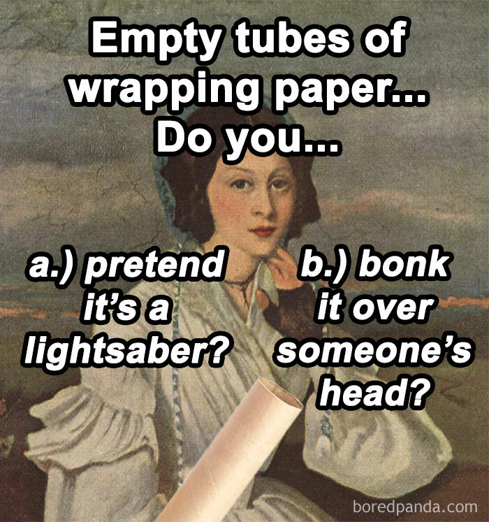Classical art meme featuring a woman and a humorous question about empty wrapping paper tubes as lightsabers.