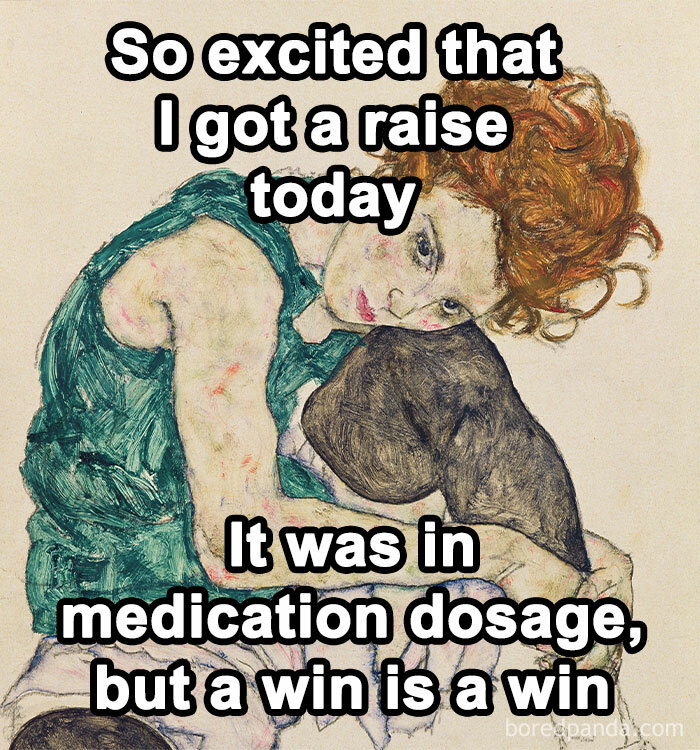 Classical art meme showing a woman hugging a dog with humorous text about getting a raise in medication dosage.