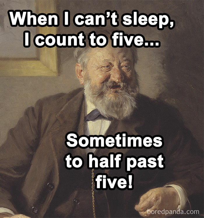 Classical art meme featuring a laughing elderly man counting to five to fall asleep with a humorous twist.