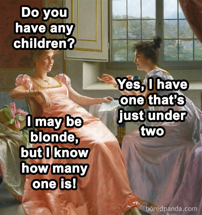 Two women in classical art style having a humorous conversation meme with a focus on classical art memes.