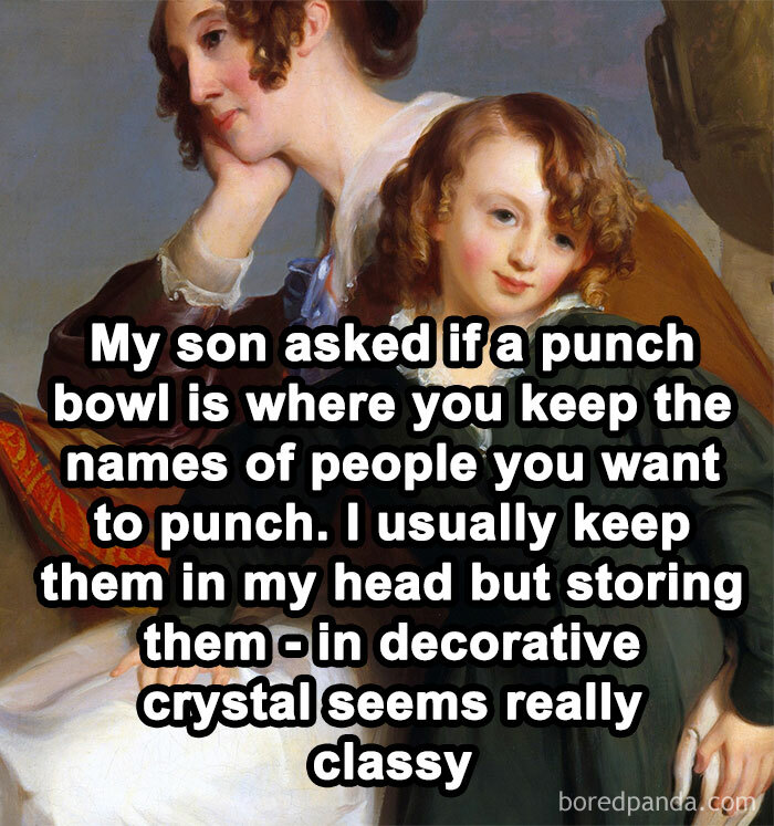 A classical art painting with a humorous meme about a punch bowl and names to punch, showcasing hilarious classical art memes.