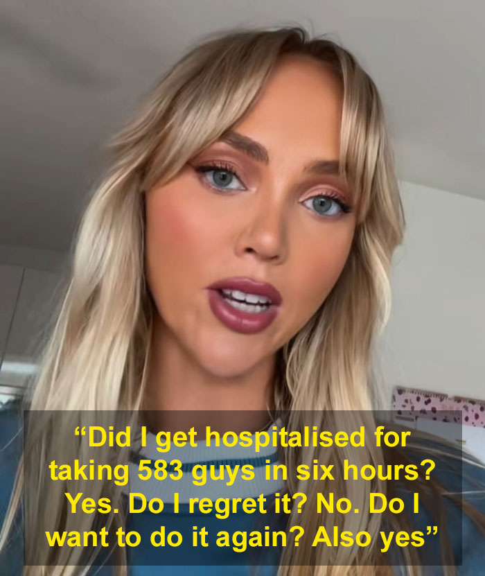 Blonde adult star with bold plans after hospitalization for sleeping with 583 men in six hours speaking to camera.