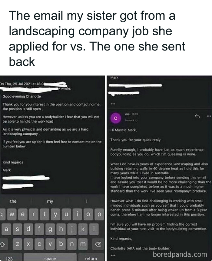 Funny and relatable college confessions meme showing a witty email reply to a landscaping job rejection.