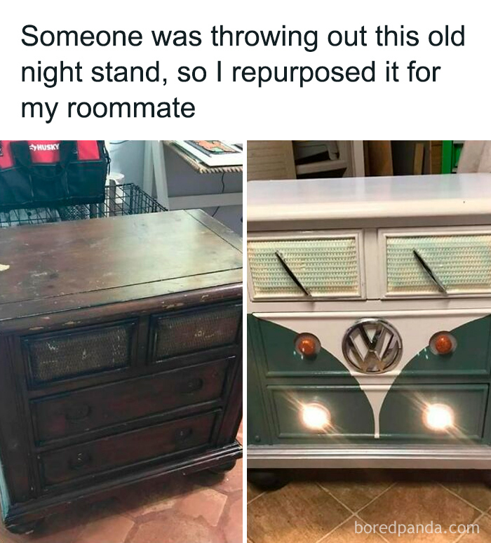 Before and after images of a repurposed nightstand transformed into a creative Volkswagen-themed piece, relatable college confessions meme.