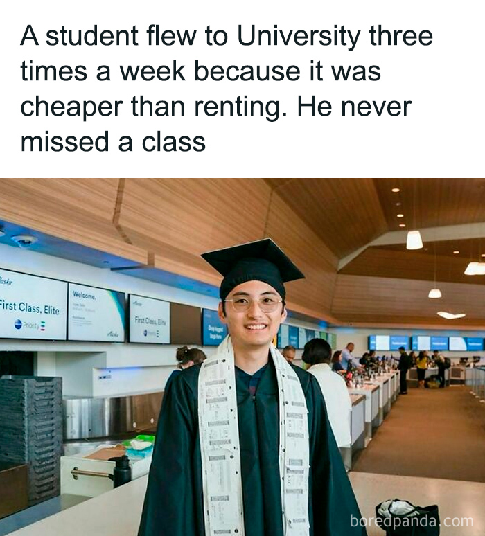 Student in graduation gown and cap smiling at an airport after completing college with a high GPA, relatable college confessions meme.