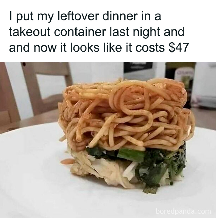 Leftover dinner arranged on a plate to look like an expensive meal, from a funny and relatable college confessions post.