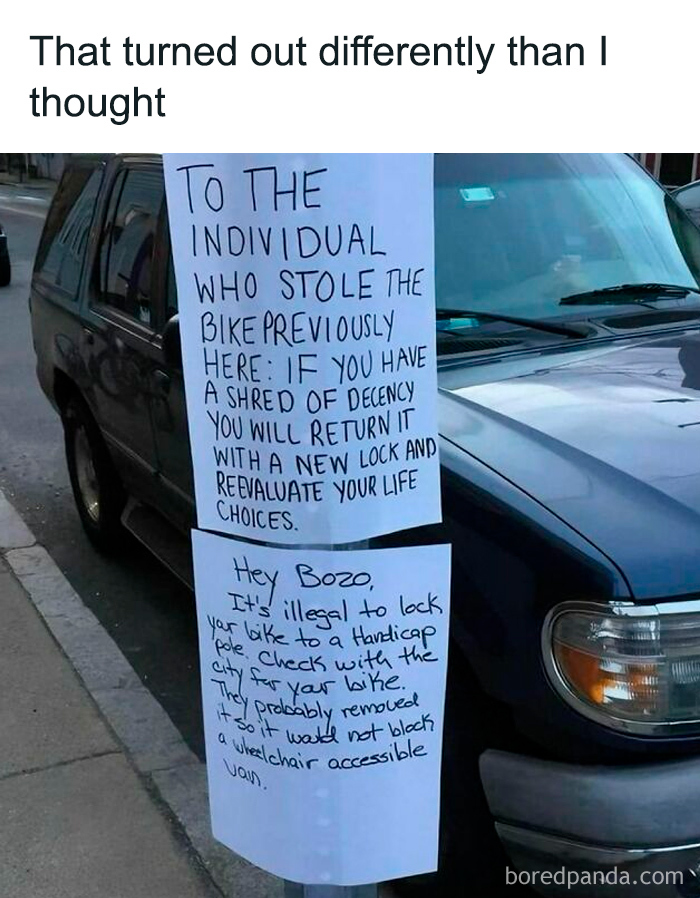Funny and relatable college confessions posted on street signs about a stolen bike and parking violations.