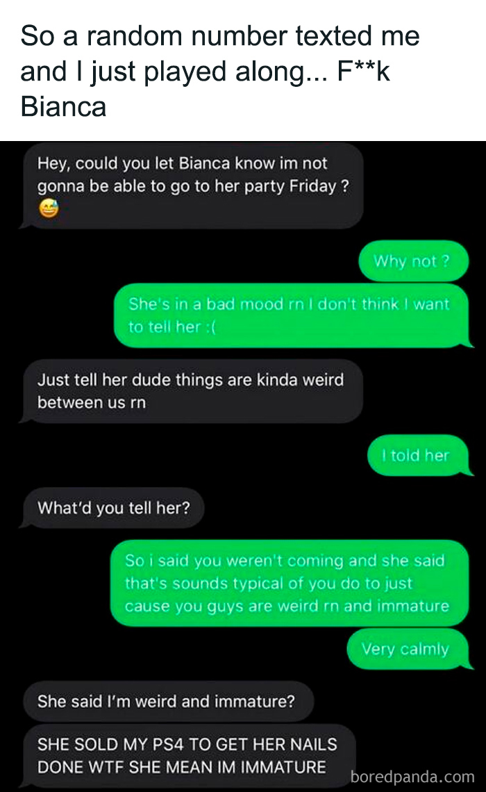 Text message conversation from the College Confessions meme page about a party and relationship drama.