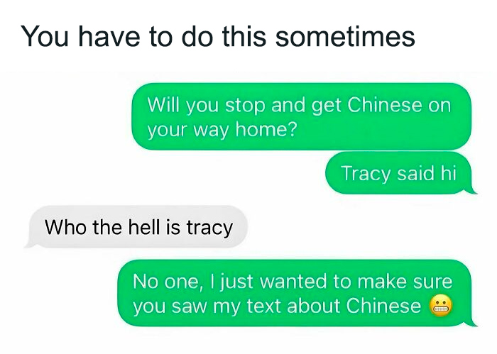 Text message exchange humor about getting Chinese food, featured in funny college confessions meme posts.