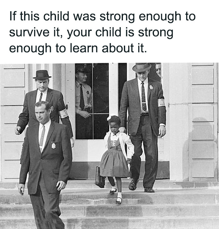 Powerful meme with black and white image showing child escorted by police, highlighting strength and eye-opening message.