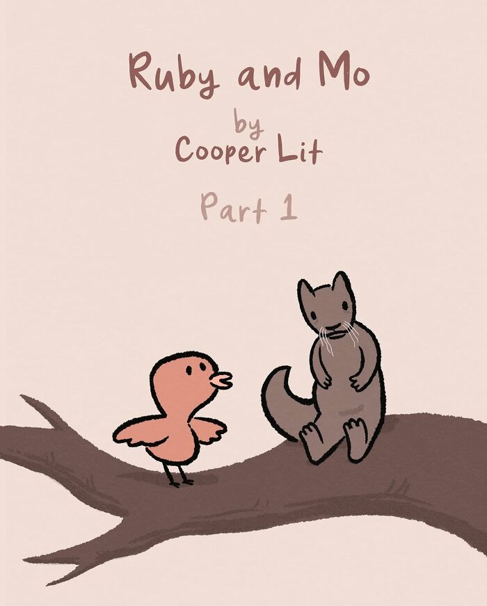 Ruby and Mo comic characters sitting on a tree branch illustrating themes of love loss and healing in art.