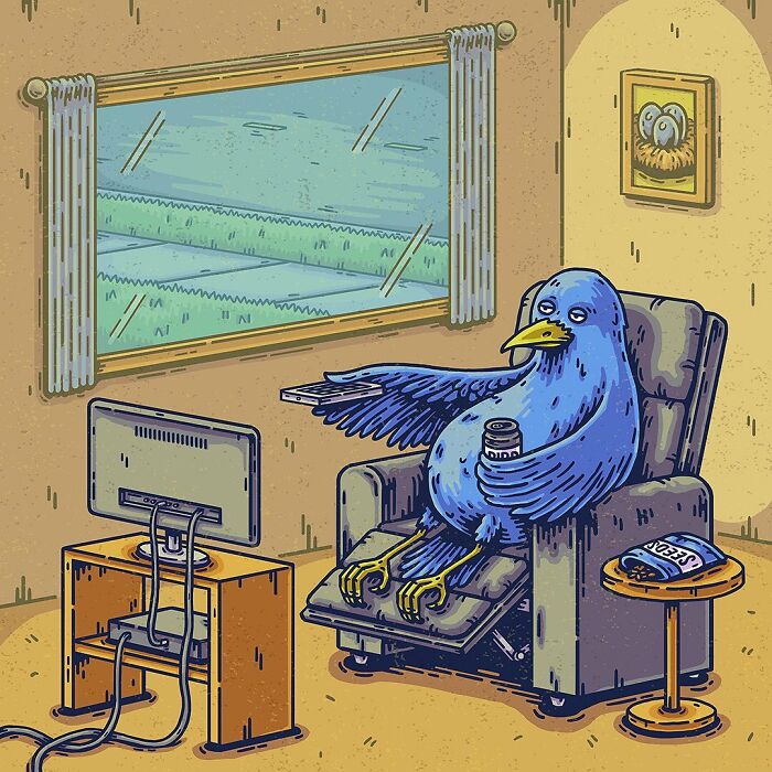 Absurd comic of a surreal bird lounging in a recliner, drinking soda, and watching TV in a strange everyday scene.