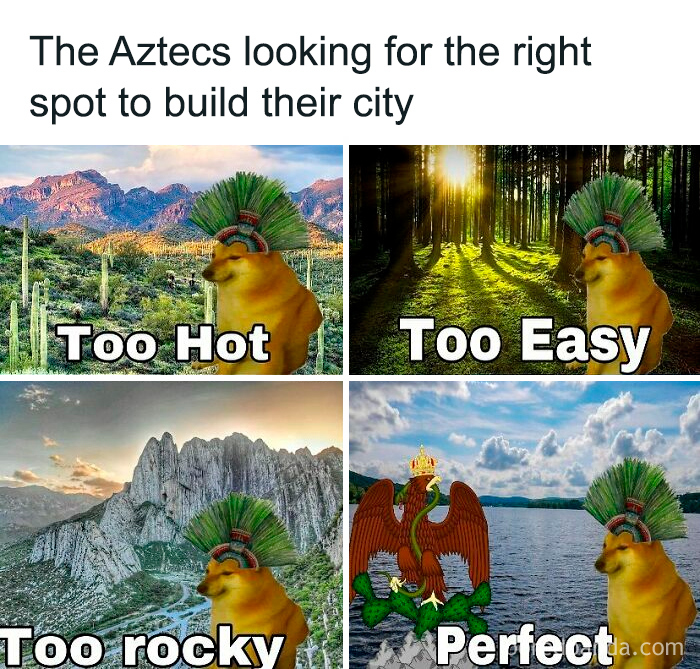 Aztecs meme with Doge wearing feathered headdress evaluating historical sites, related to history memes and past learning.
