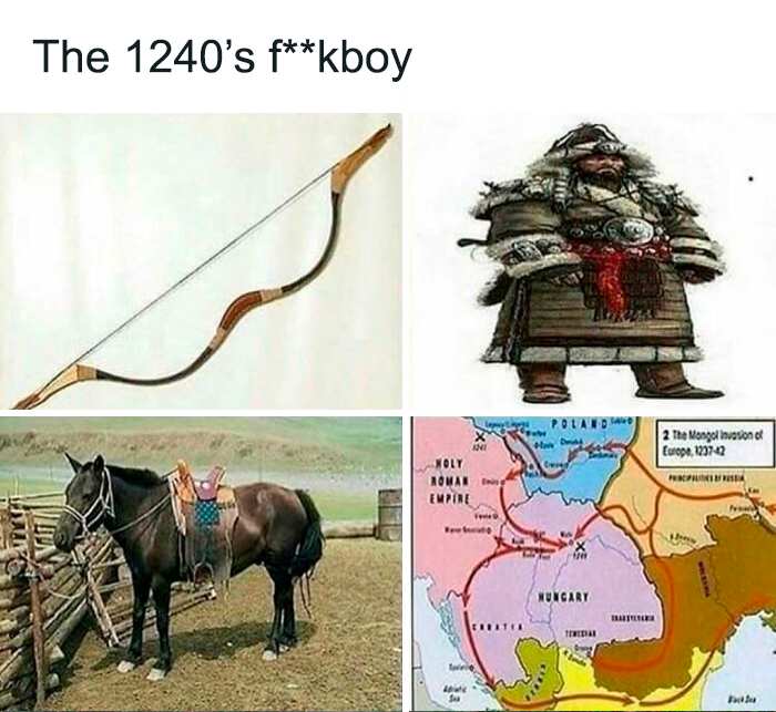 Medieval bow, warrior, horse, and map representing history memes about the Mongol invasions and past events.