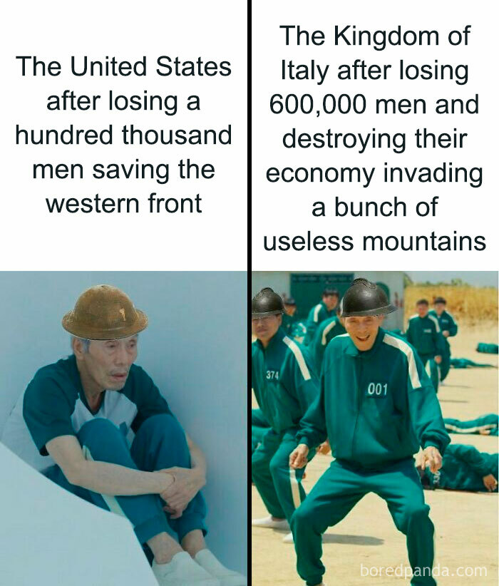 Two-part history meme comparing the United States' and Italy's reactions after heavy war losses, highlighting history memes humor.