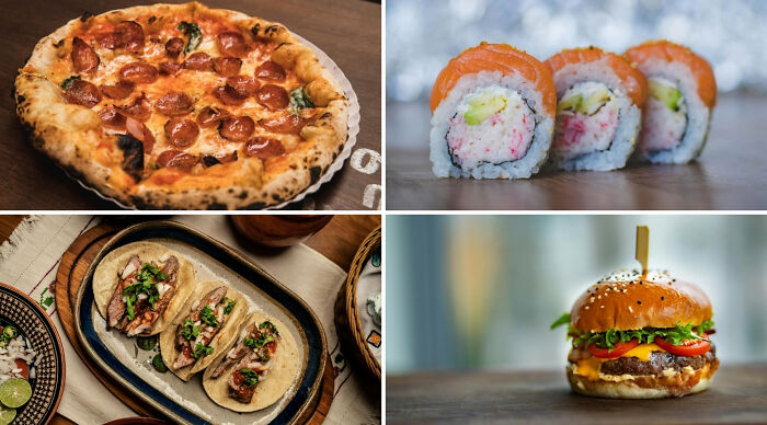 Variety of popular foods including pizza, sushi, tacos, and burger shown for choose one lose the rest poll.