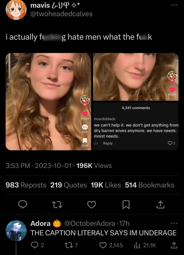 Screenshot of a social media post showing a young woman with captions highlighting misogynist comments and reality checks.