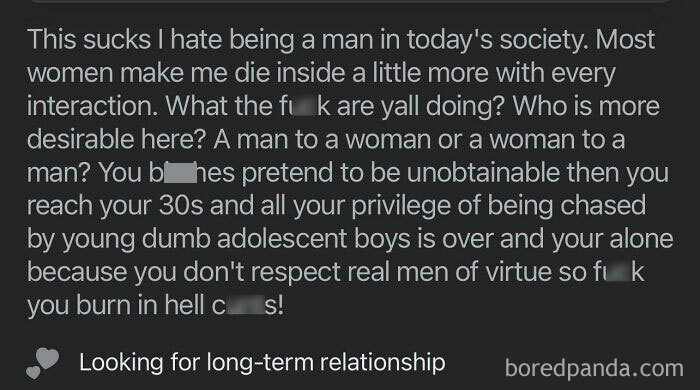Alt text: Misogynist rant post showing a harsh reality check on toxic masculinity and relationships in today's society.