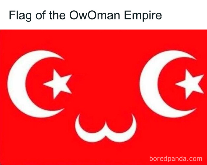 Red parody flag of the Ottoman Empire with crescent moons and stars forming a humorous face, history memes theme.