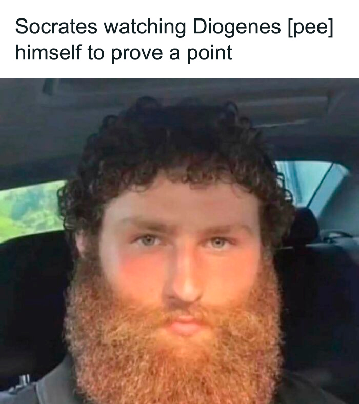 Man with a thick red beard in a car, representing a history meme about Socrates and Diogenes to learn something about the past.