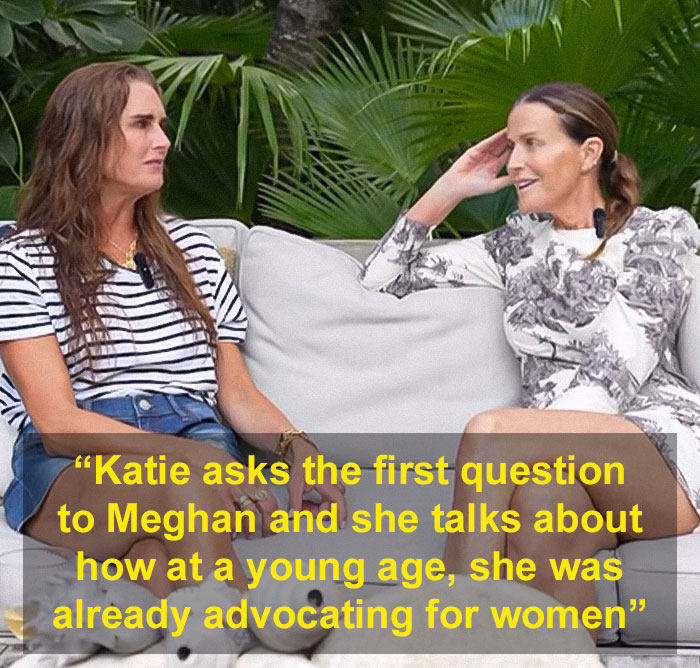 Brooke Shields podcast interview discussing Meghan Markle and reactions to criticism in an outdoor setting with casual conversation.