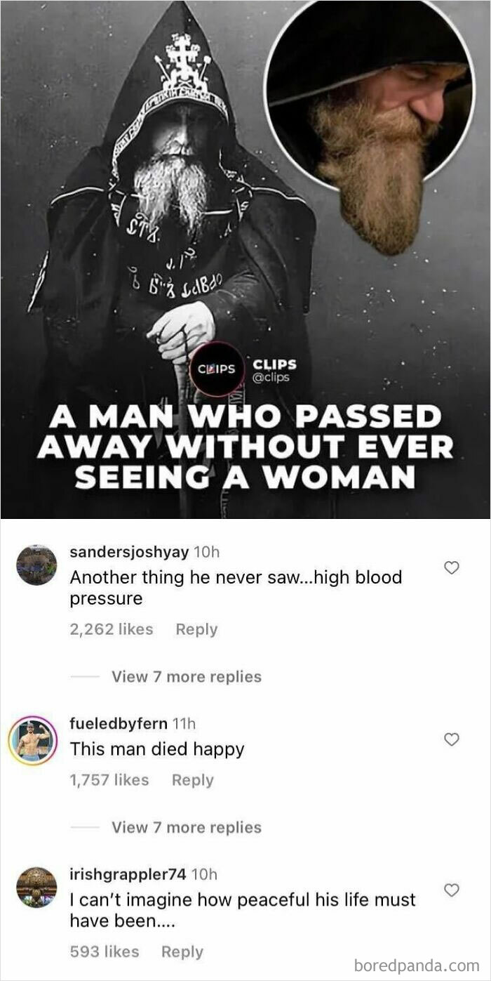 A man with a long beard in a hooded cloak, captioned as passing away without ever seeing a woman, highlighting misogynists reality check.