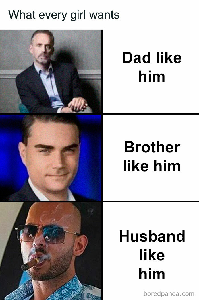 Three photos of men labeled dad like him, brother like him, husband like him, illustrating a misogynists reality check meme.