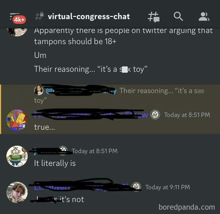 Chat conversation highlighting misogynists facing a reality check about tampons debated as s*x toys online.