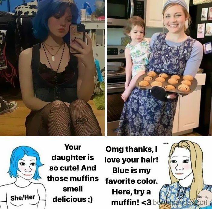 Side-by-side images and comic showing a blue-haired girl and a mother with child, highlighting a reality check for misogynists.