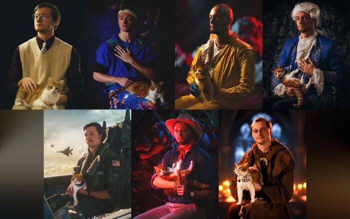 Seven men in various costumes each holding an orange cat, illustrating all orange cats share one communal brain cell.