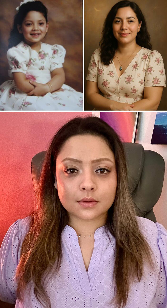 Side-by-side comparison of childhood and adult photos showing ChatGPT age prediction versus reality.