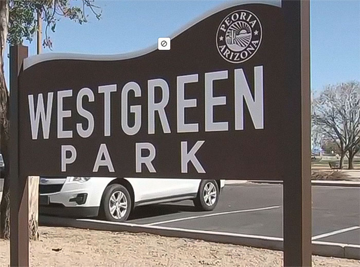 Westgreen Park sign in Peoria Arizona, location related to raging mom who drove pickup truck through kids' park incident.