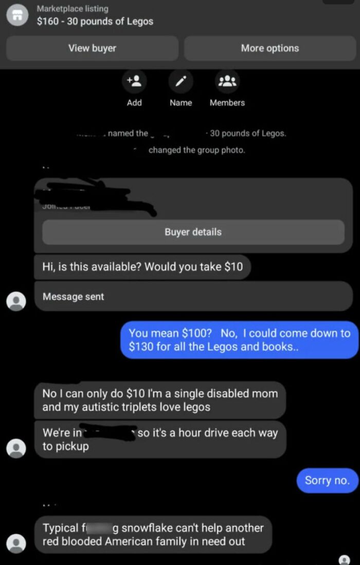 Chat conversation showing entitled single mom negotiating Lego price with seller, refusing to pay full amount.