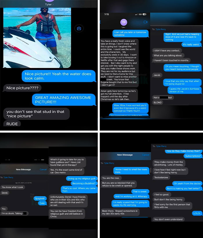Screenshots of text messages allegedly revealing Tyler Perry's harassment and inappropriate conversations with a male actor.