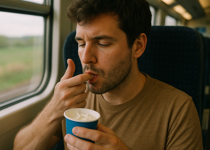 Young man on public transport tasting ice cream from a cup, with a thoughtful expression by the window.