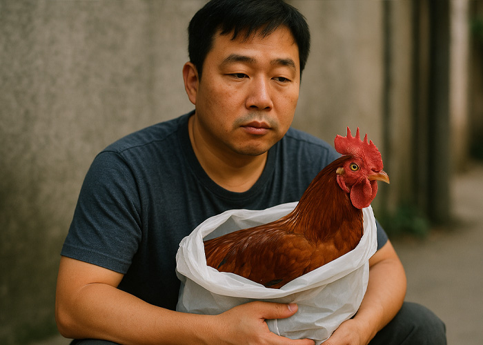 Man sitting outdoors holding a chicken wrapped in plastic bag, capturing a surreal moment on public transport.