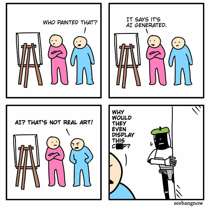 Two characters debate AI-generated art in a hilariously relatable comic with absurd twists by this artist.