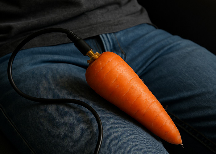 Person sitting with a carrot connected to a black cable, creating a surreal and humorous public transport moment.