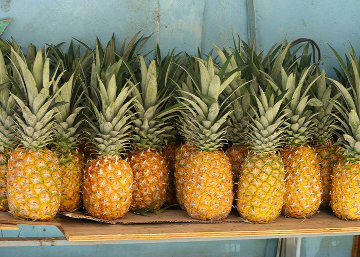 Fresh pineapples arranged in a row on a wooden shelf, showcasing vibrant fruit colors and textured leaves in natural light.