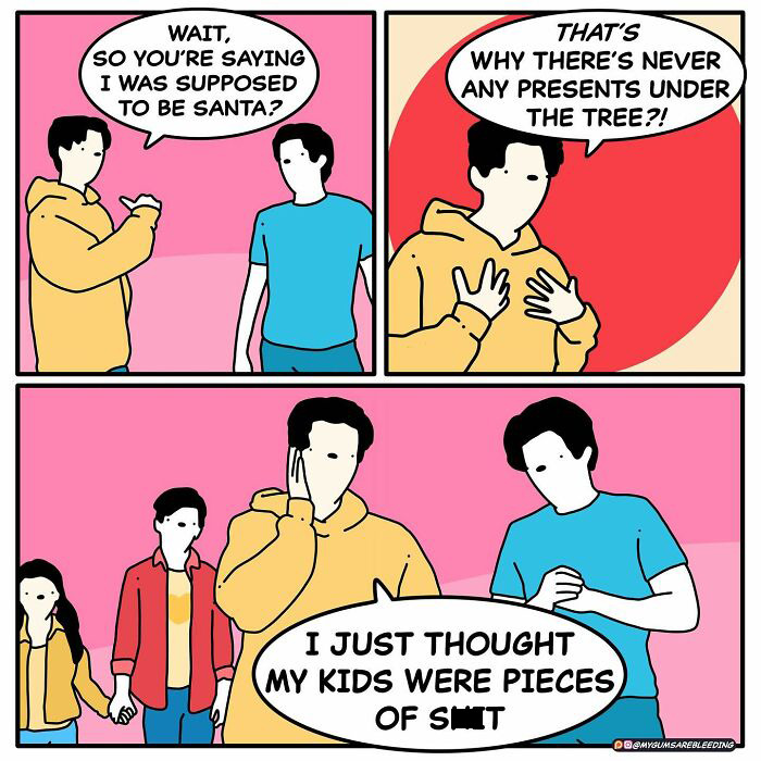 Dark and twisted comic by Miles Erickson showing a conversation about Santa and harsh family truths with brutal humor.