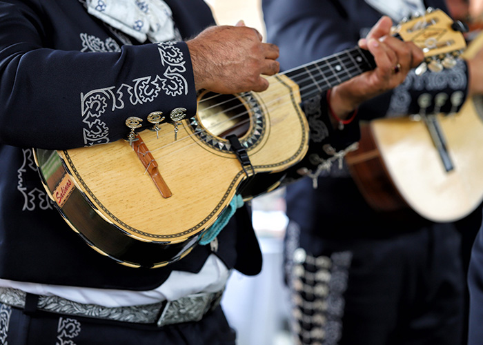 Mariachi musicians playing string instruments in a public transport setting, creating a surreal and hilarious atmosphere.