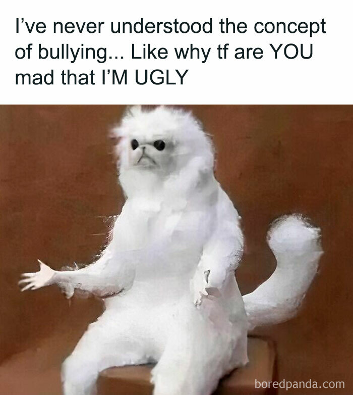 Meme with a confused fluffy white creature questioning bullying, relatable meme humor for a desperate laugh today.