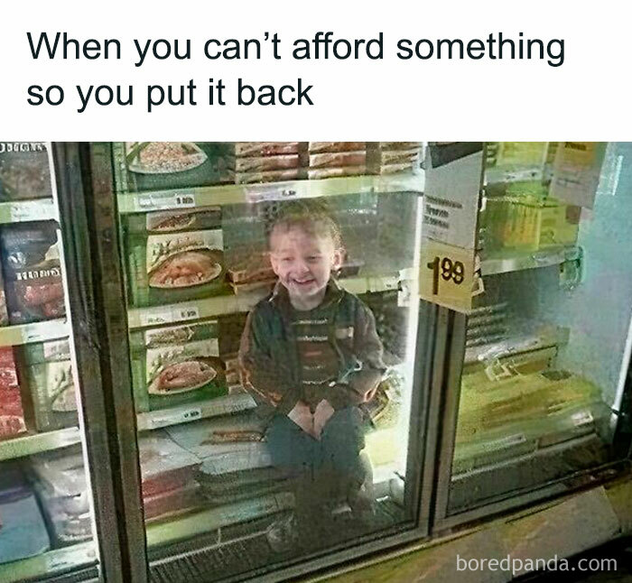 Child sitting inside a grocery freezer looking happy with text about relatable memes and not affording something.