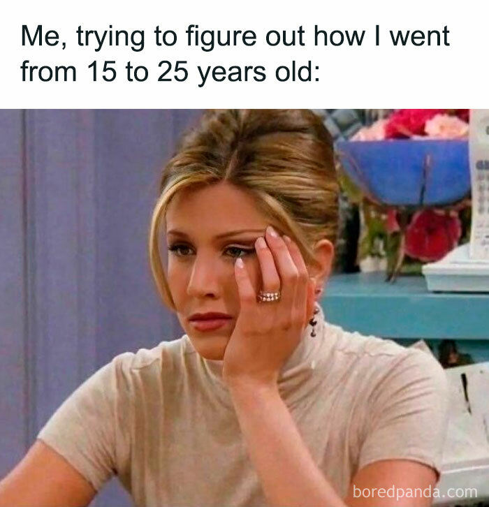 Woman looking confused and stressed, relating to memes about aging from 15 to 25 years old for relatable memes SEO.
