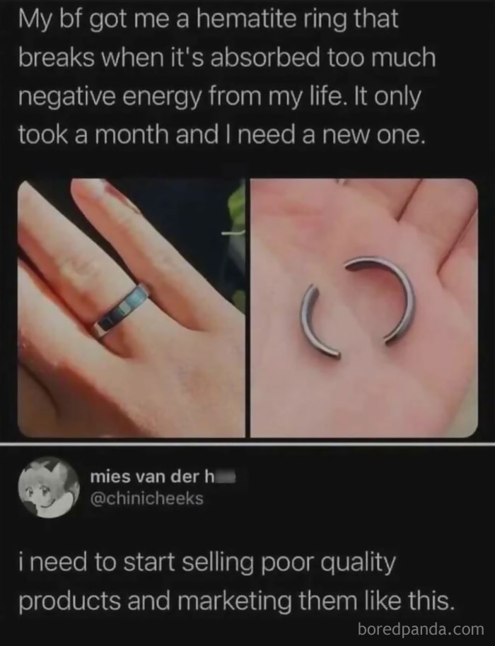 Hematite ring breaking from negative energy, paired with a funny meme about selling poor quality products.