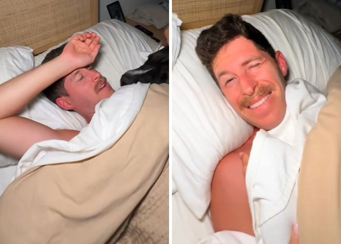 Man lying in bed, waking up with a smile after being signed up for a marathon with zero training by his wife.