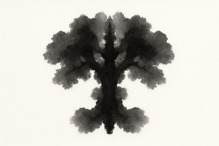 Black inkblot resembling a symmetrical tree shape on a beige background for Rorschach inkblot poll analysis.