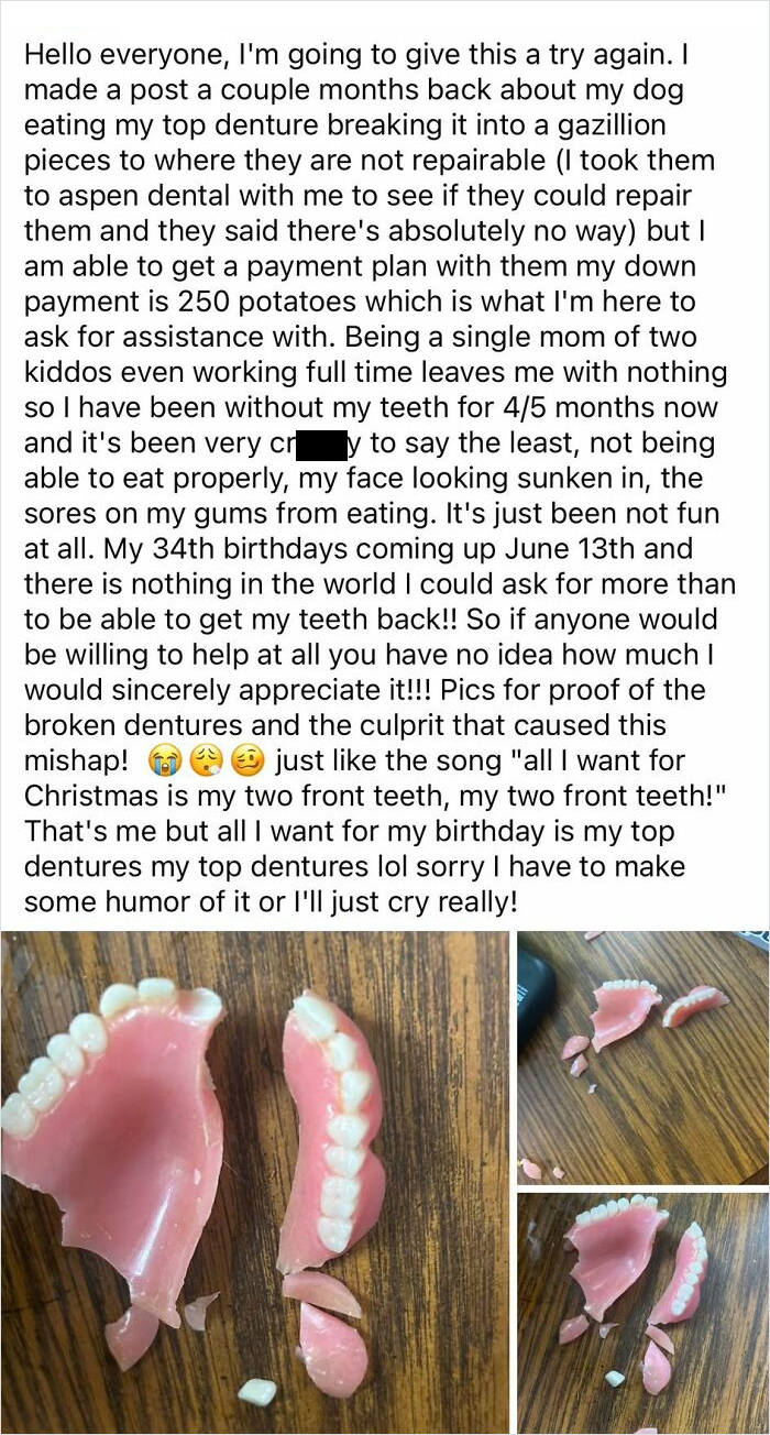 Single mom shares broken dentures photos seeking help, highlighting challenges of entitled single moms and financial struggles.