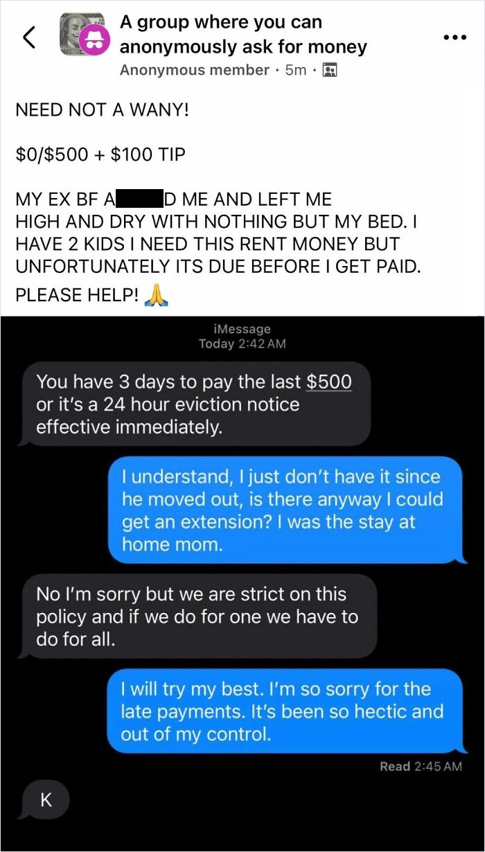 Text conversation showing entitled single mom asking for rent help after eviction warning for unpaid $500 balance.