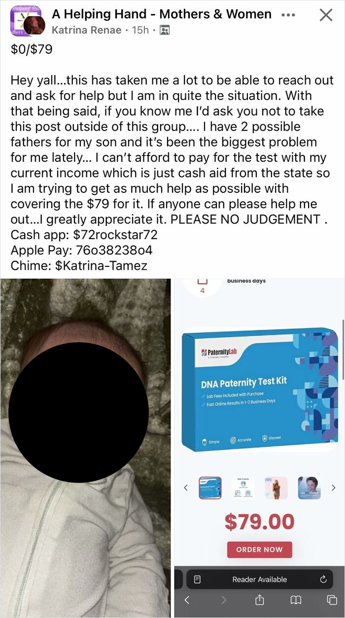 Post from a single mom requesting help to pay $79 for a DNA paternity test kit due to financial hardship.